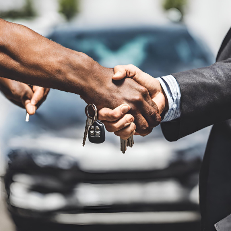 Deux hommes se serrent la main en signe de conclusion de vente d'un véhicule